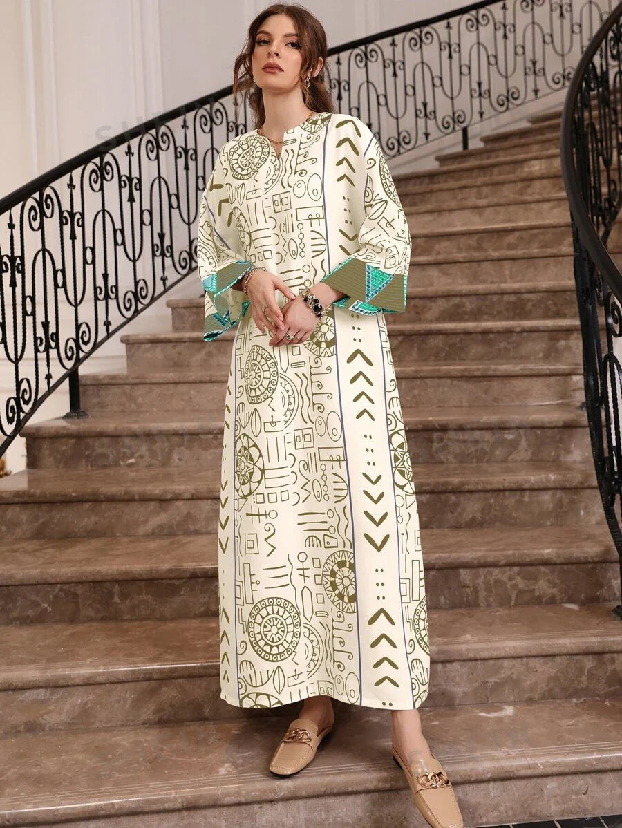 SHEIN Najma قفطان طباعة شامل خط عنق مفتوح اكمام جناح الخفاش
