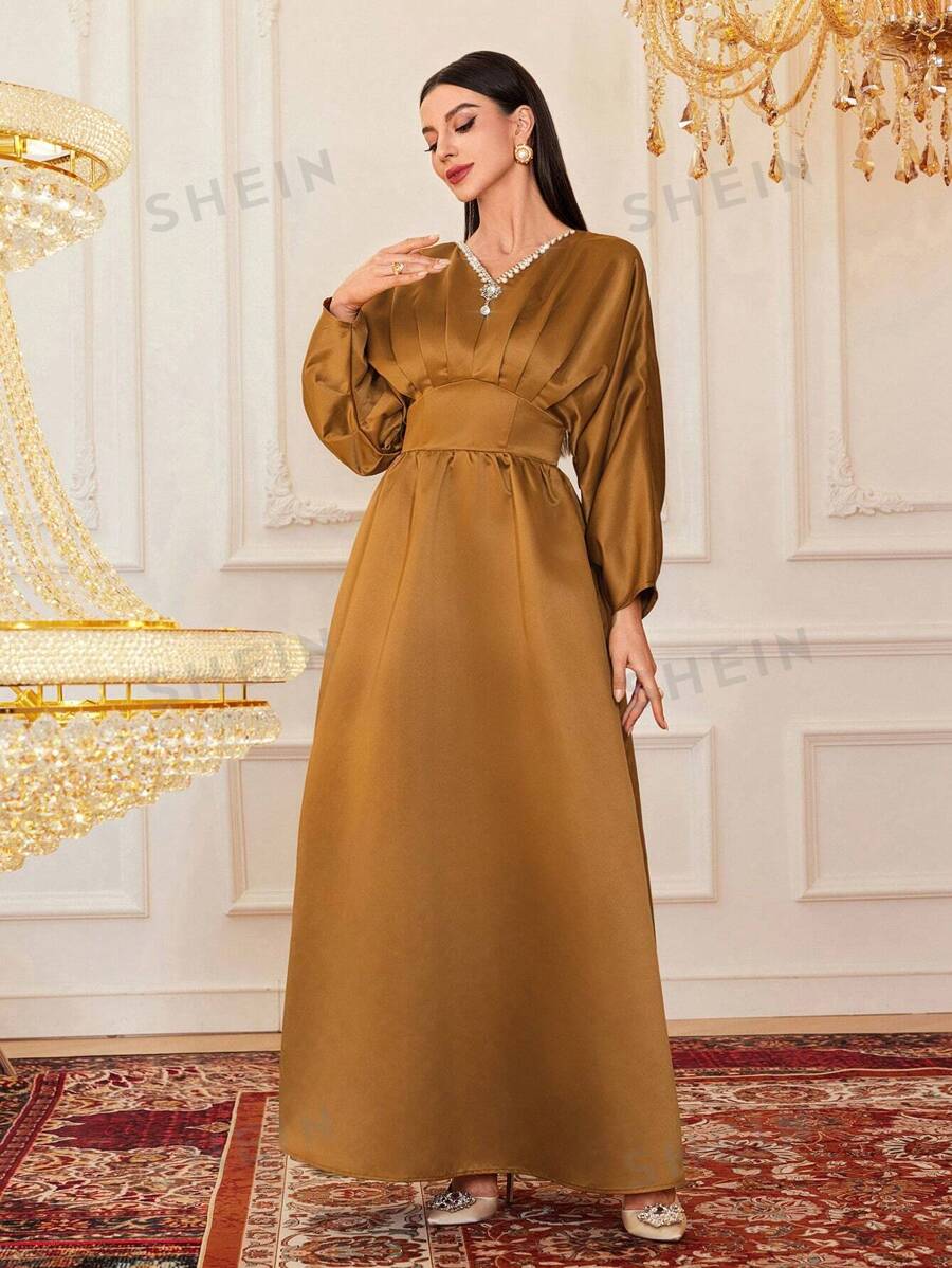 SHEIN Modely فستان نسائي بأكمام الخفاش مزين بخرز اللؤلؤ، فستان سهرة أنيق بطول ماكسي