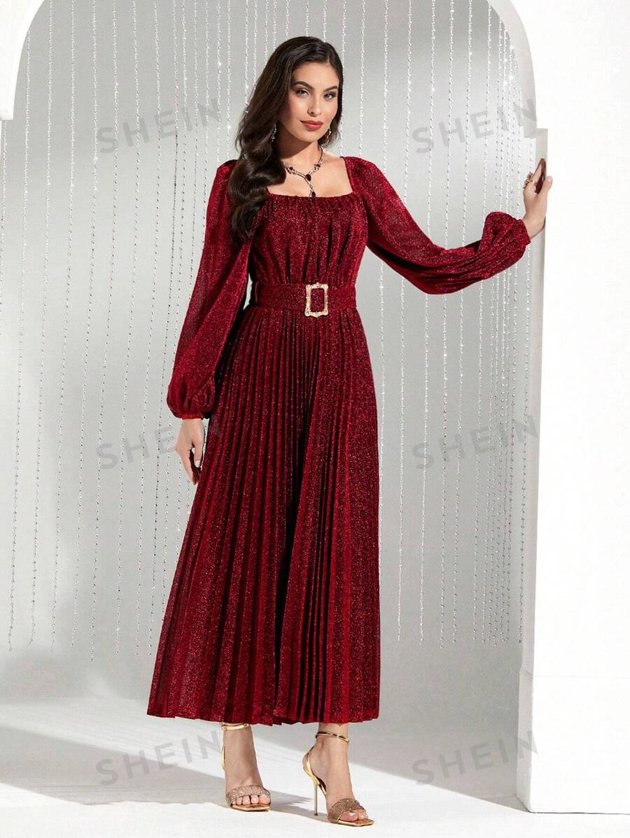 SHEIN Modely فستان نسائي بقصة أيه لاين وأكمام بيجامة مزينة بالبريق وحاشية مجمعة، فستان سهرة طويل أنيق
