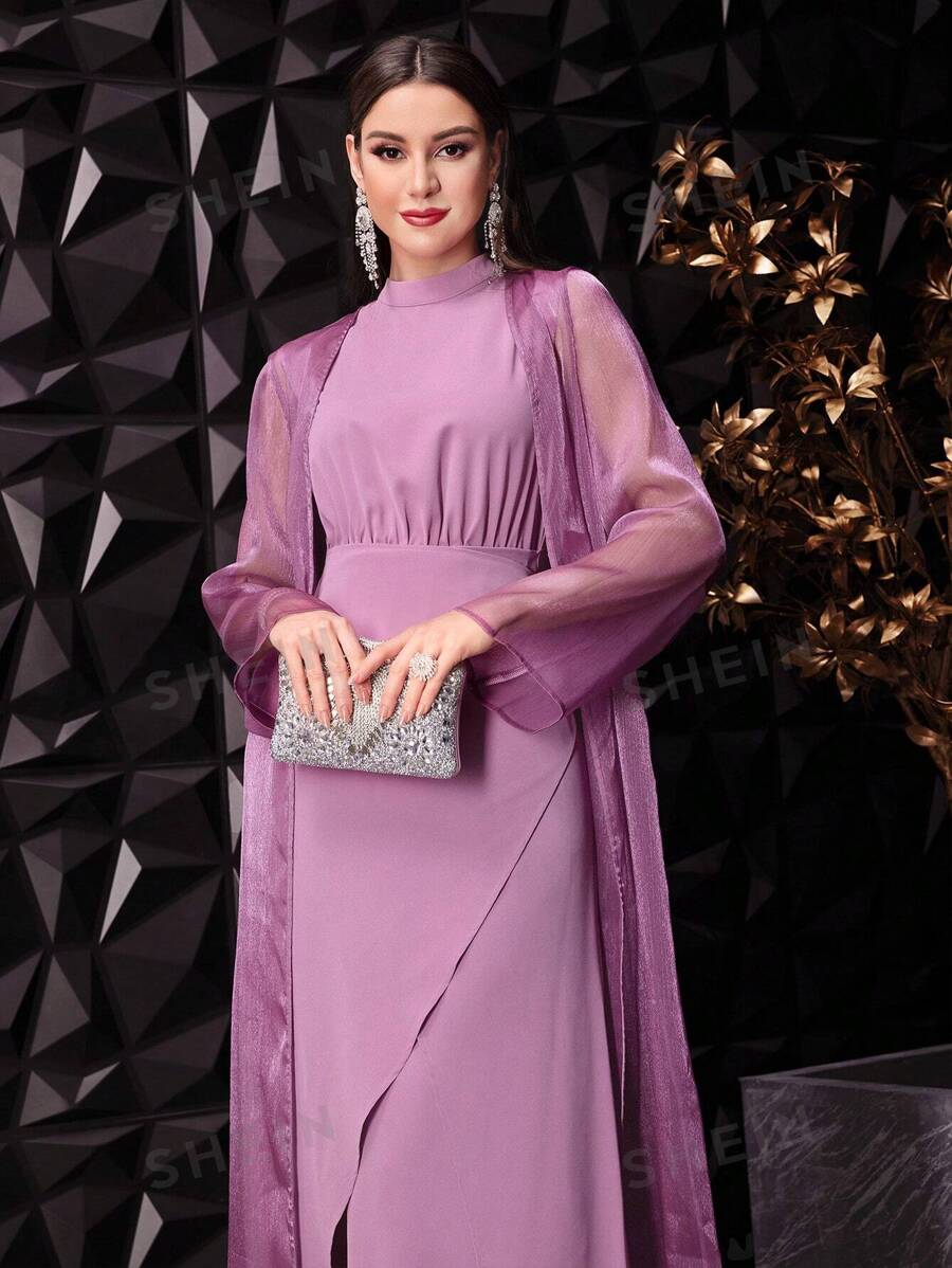 SHEIN Modely فستان نسائي بياقة متوسطة الارتفاع بلون صامد وسترة عادية شفافة بنفسجيتين