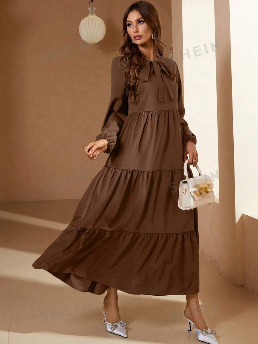 SHEIN Mulvari فستان طويل بأكمام طويلة مطوي بربطة أمامية باللون الواحد - ارتداء يومي عادي، طقم نسائي ماكسي بني اللون