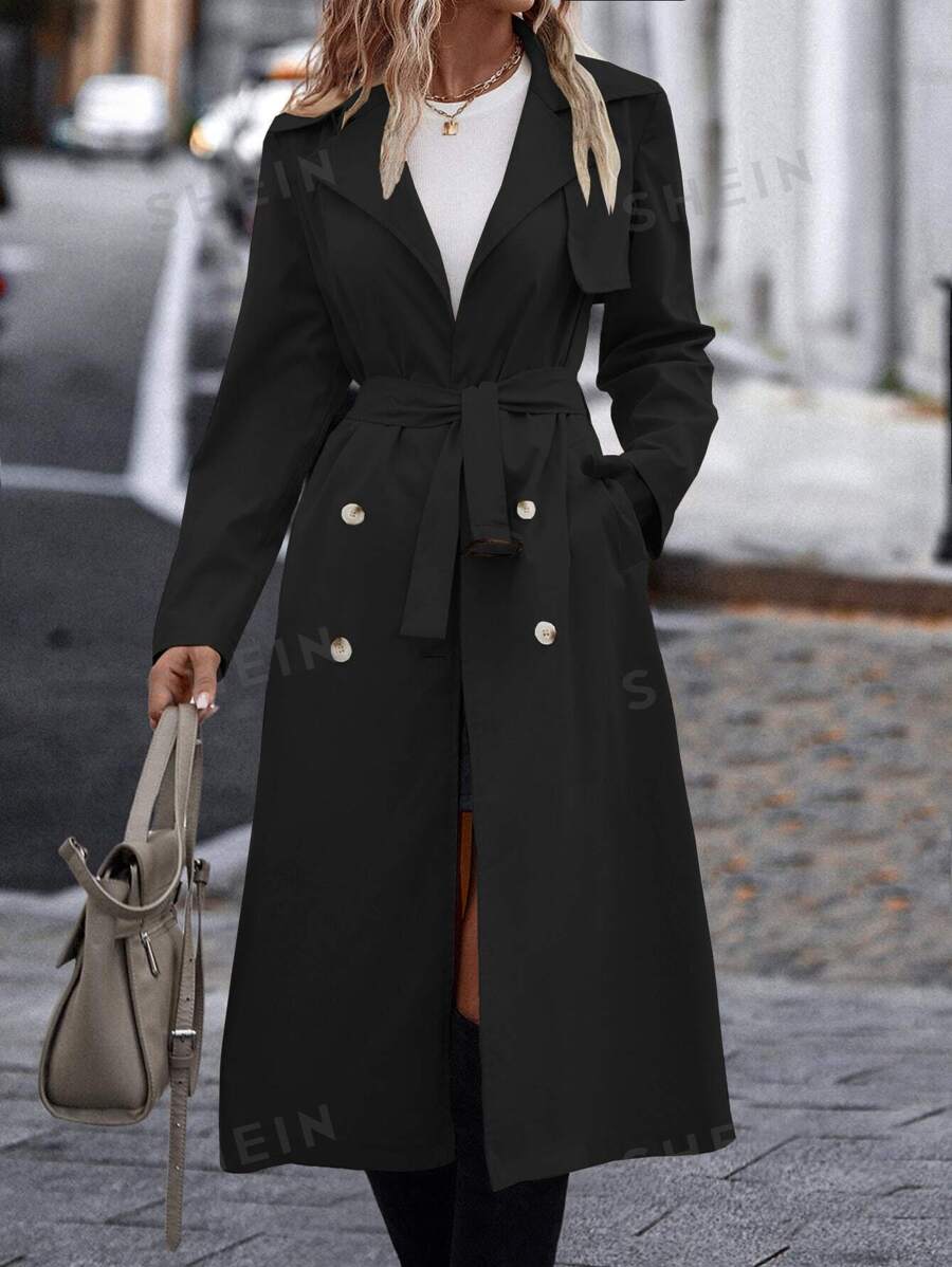 SHEIN Raffinéa معطف مطر صف ازرار مزدوجة جيب مائل حزام