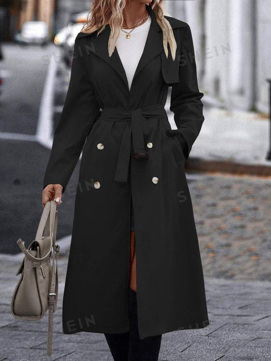 SHEIN LUNE معطف مطر نسائي مزدوج الأزرار بحزام وجيوب جانبية