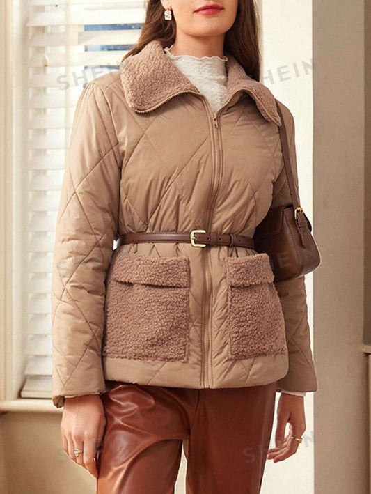 SHEIN Frenchy سترة معطف مبطن بتصميم بياقة مرقعة وجيب للنساء