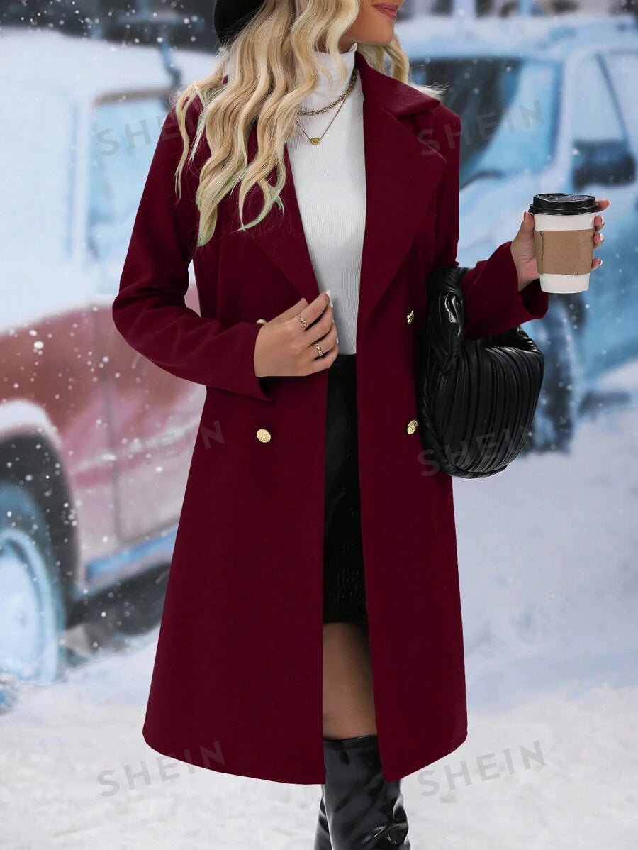 SHEIN Relaxiva معطف صوفي متوسط الطول بأزرار مزدوجة بلون خالص