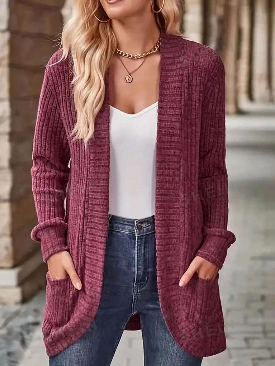 SHEIN Relaxiva سترة نسائية مضلعة طويلة الأكمام مفتوحة من الأمام