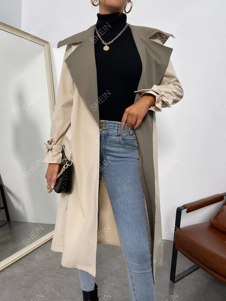 SHEIN Raffinéa معطف مطر بياقة متباينة وكف معقود وحزام