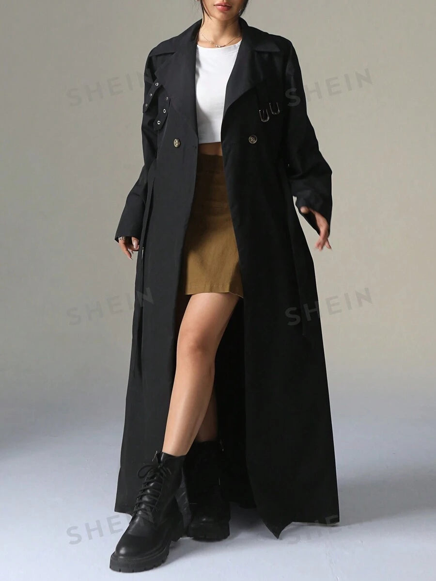SHEIN EZwear ريشة طويلة إضافية صلبة اللون مزدوجة الصدر أكمام طويلة