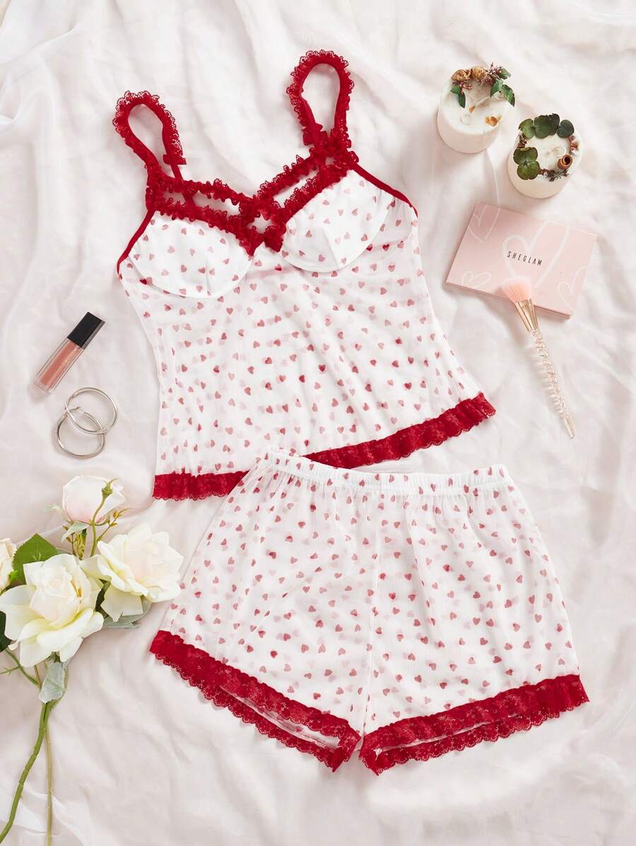 مجموعة بيجاما مطبوعة بالدانتيل والشبكة للنساء