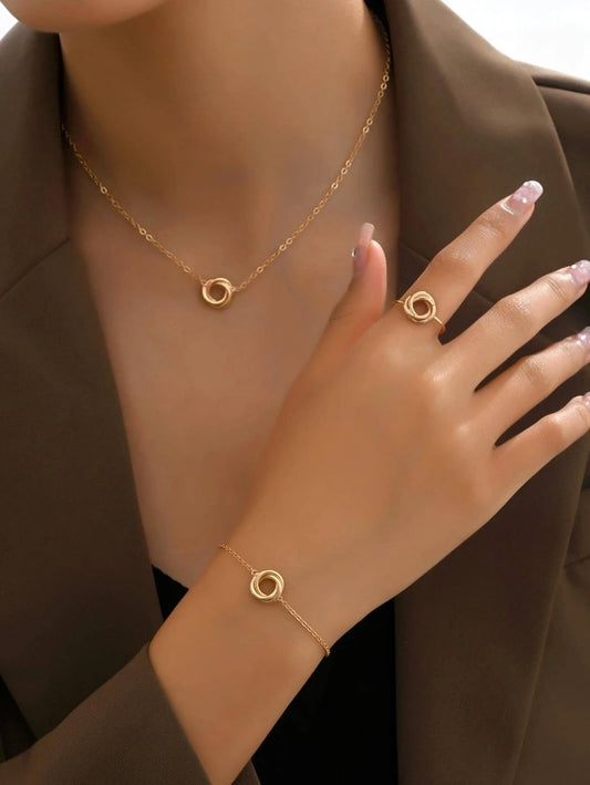 SHEIN طقم ذهبي 3 قطع قلادة وسوار وخاتم معدني