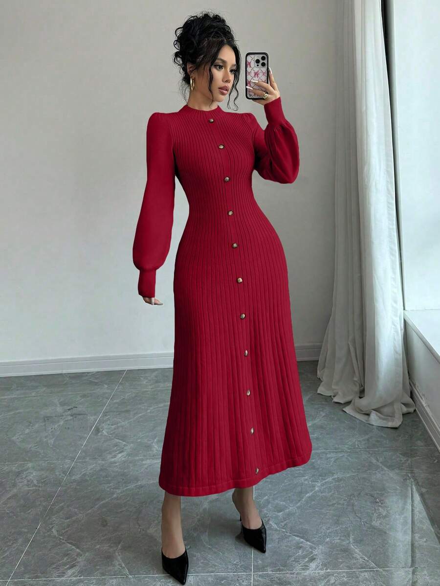 SHEIN Raffinéa فستان كنزة صوفية كاجوال أنيق بأزرار أمامية مخصر الخصر، للخريف والشتاء لملابس السنة الجديدة