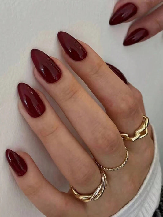 SHEIN طقم أظافر لوزية بلون عنابي ناعم – 24 قطعة