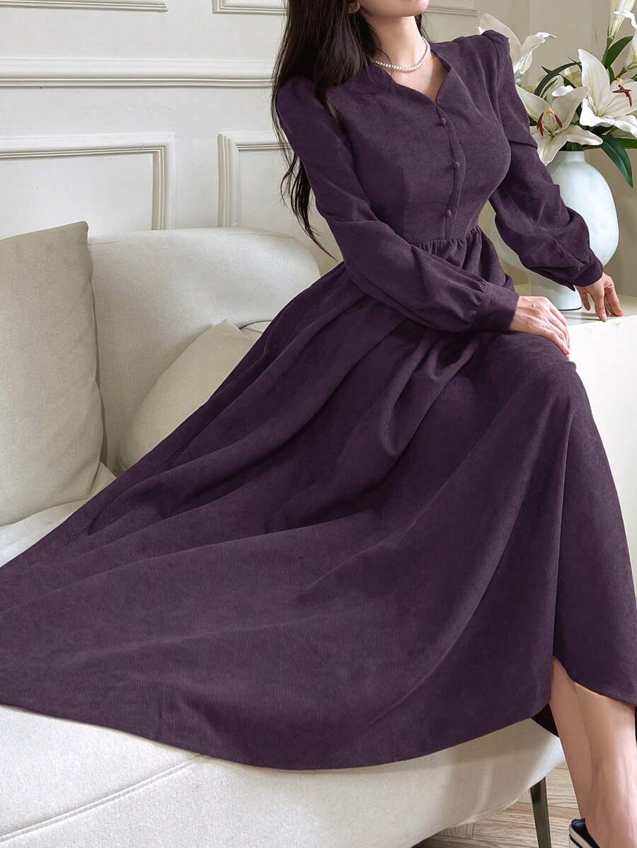 SHEIN Mulvari فستان طويل الأكمام أنيق باللون الناصع، مع أزرار وخصر مفتول، مناسب للخريف