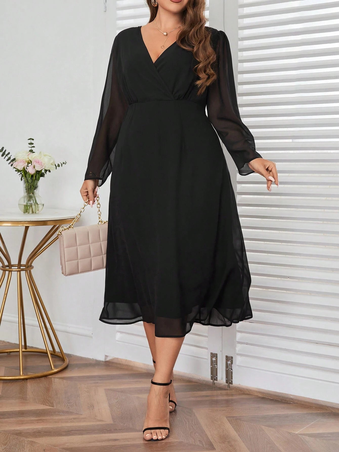 Privé plus Size Wrap Neck Long Sleeve Dress