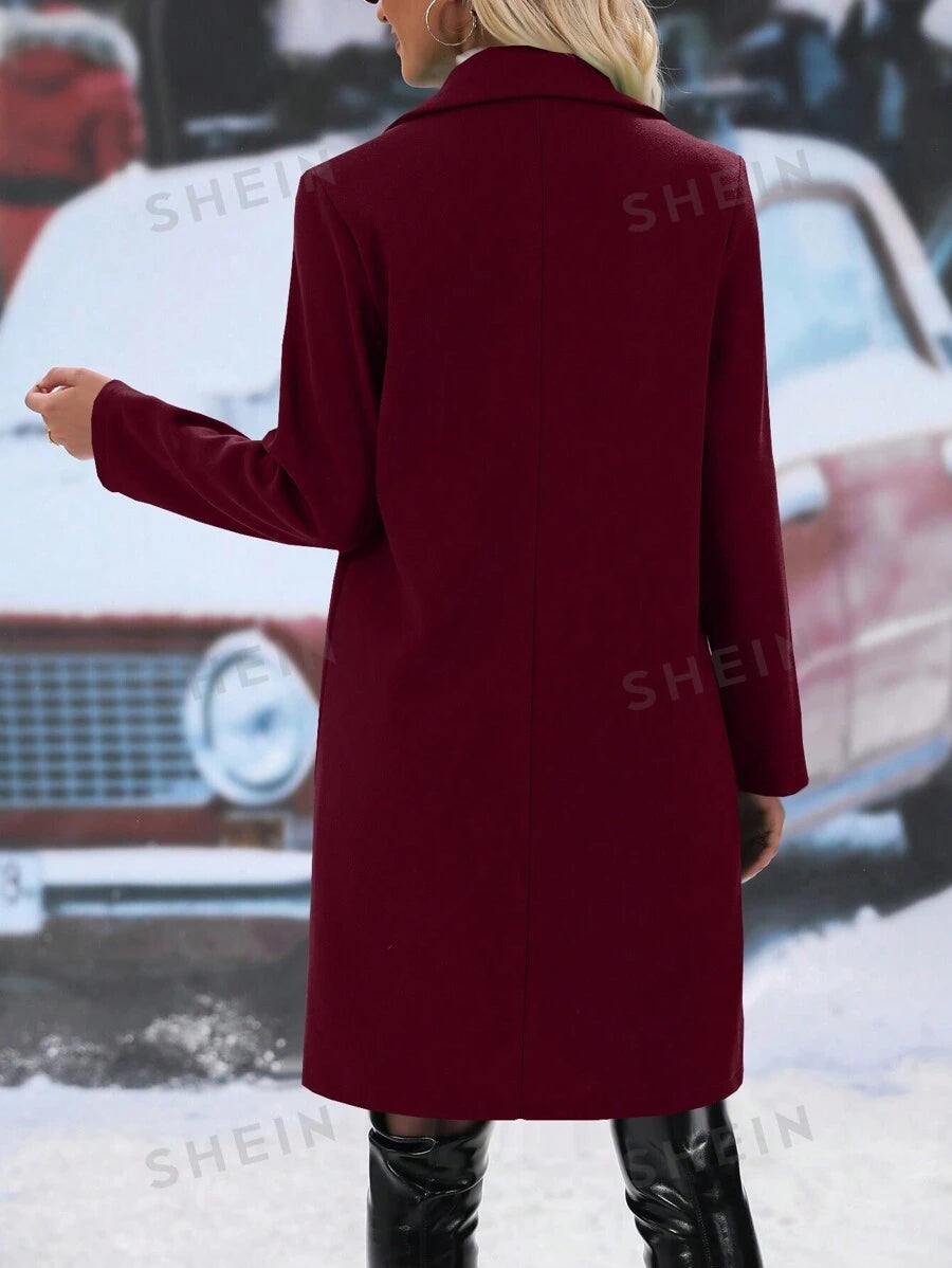 SHEIN Relaxiva معطف صوفي متوسط الطول بأزرار مزدوجة بلون خالص