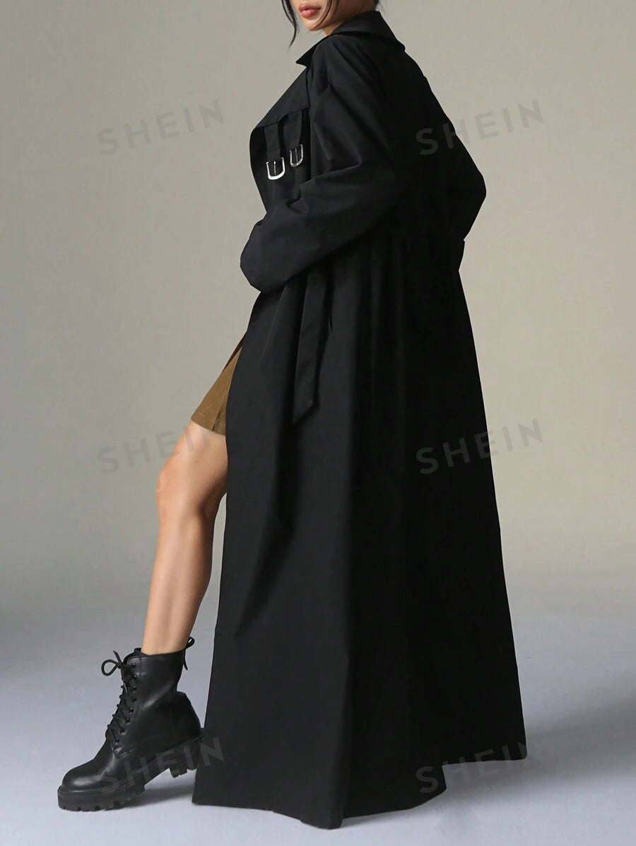 SHEIN EZwear ريشة طويلة إضافية صلبة اللون مزدوجة الصدر أكمام طويلة