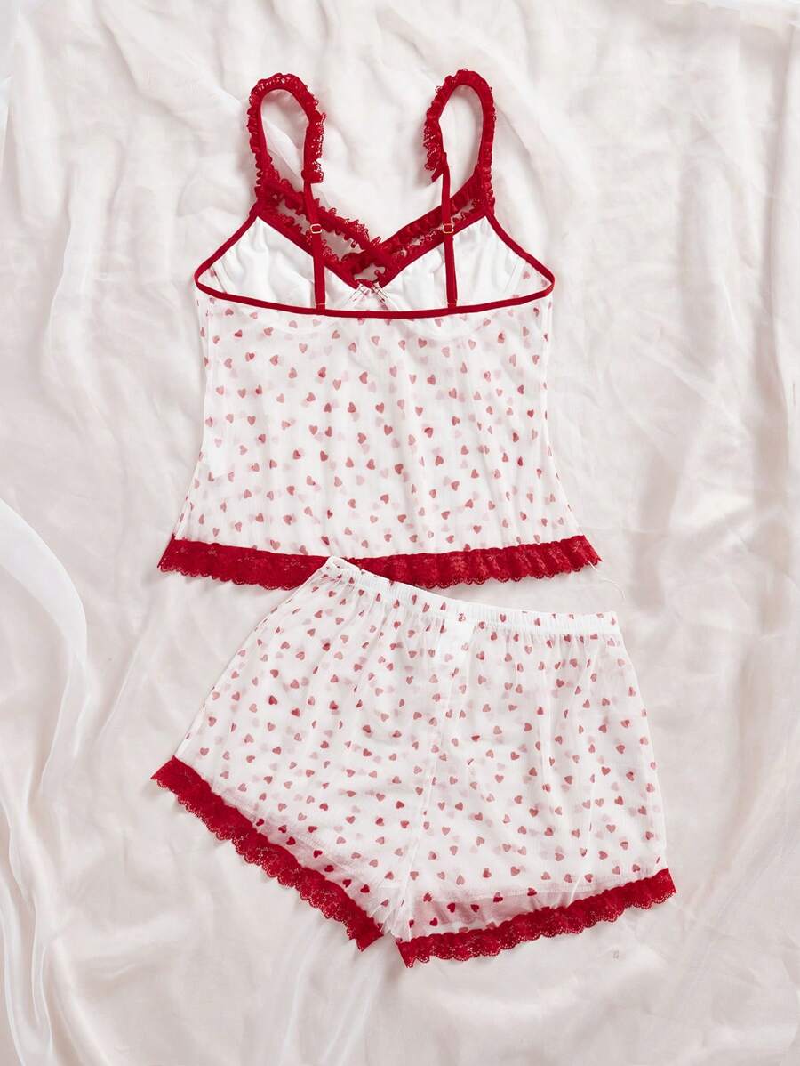 مجموعة بيجاما مطبوعة بالدانتيل والشبكة للنساء