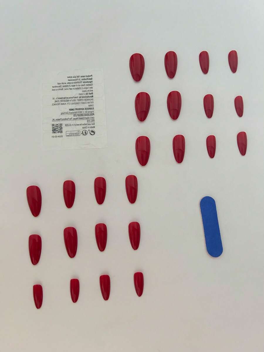 SHEIN أظافر 24 قطعة بشكل لوزي طويل باللون الأحمر مع غراء وملف