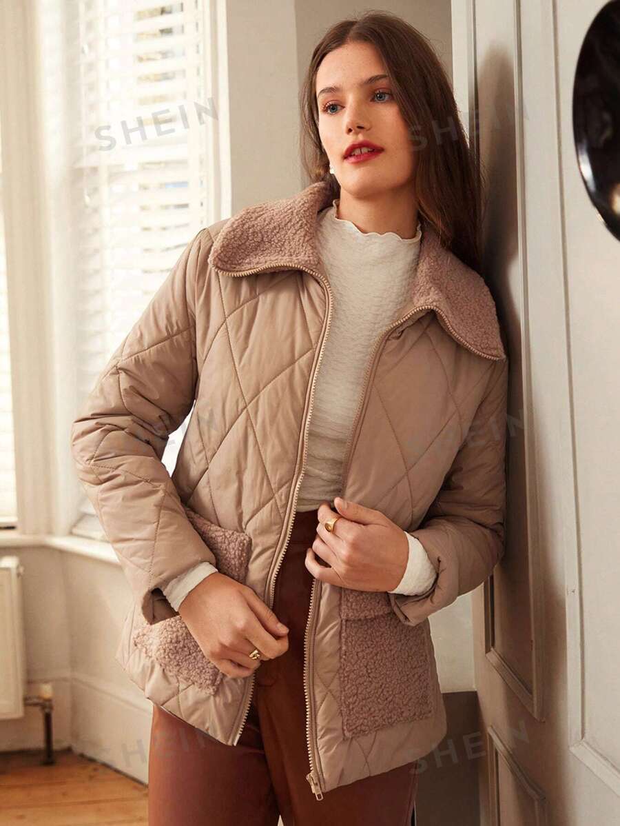 SHEIN Frenchy سترة معطف مبطن بتصميم بياقة مرقعة وجيب للنساء
