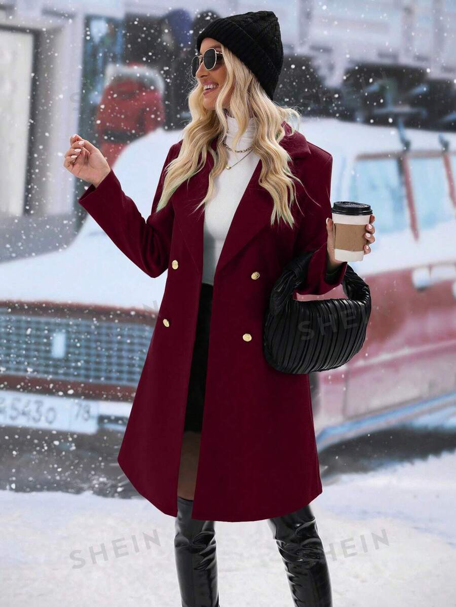SHEIN Relaxiva معطف صوفي متوسط الطول بأزرار مزدوجة بلون خالص