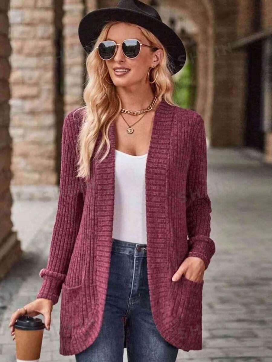 SHEIN Relaxiva سترة نسائية مضلعة طويلة الأكمام مفتوحة من الأمام