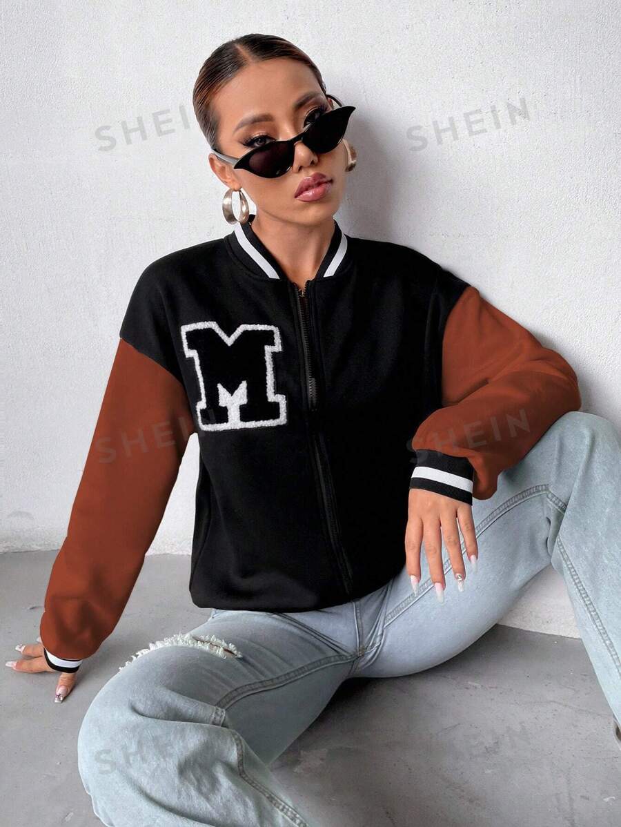 SHEIN MOOSTA جاكيت بومبر مدرز بالحروف مقلم مخطط منخفض الاكتاف ألوان متباينة