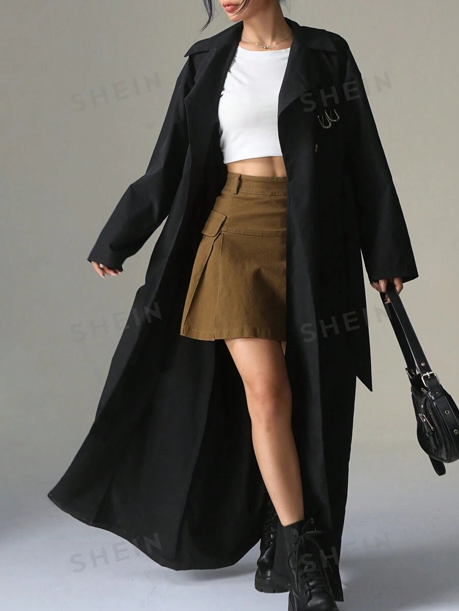 SHEIN EZwear ريشة طويلة إضافية صلبة اللون مزدوجة الصدر أكمام طويلة