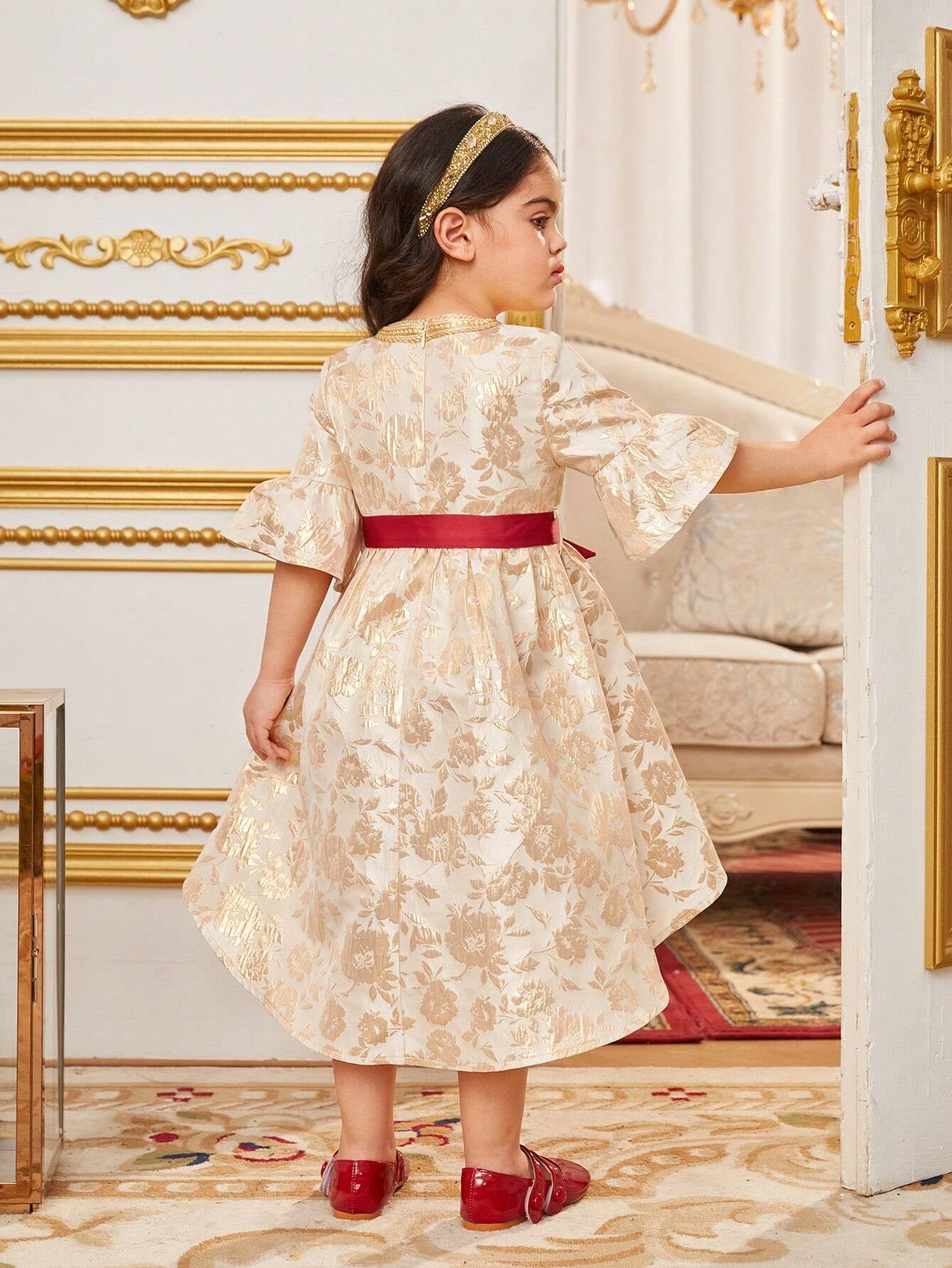 Young Girls' V-Neck Patchwork Jacquard Dress with Woven Belt, Short Front Long Back, Embroidery Detail