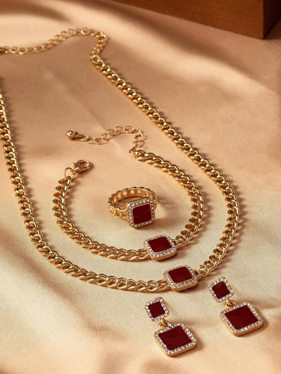 SHEIN طقم 5 قطع مجوهرات مربع مرصع بالراينستون