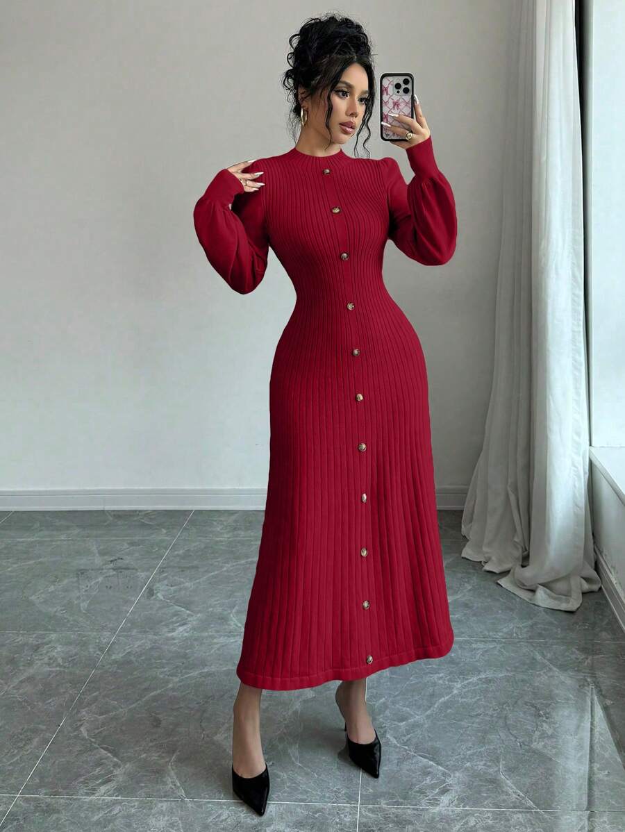 SHEIN Raffinéa فستان كنزة صوفية كاجوال أنيق بأزرار أمامية مخصر الخصر، للخريف والشتاء لملابس السنة الجديدة