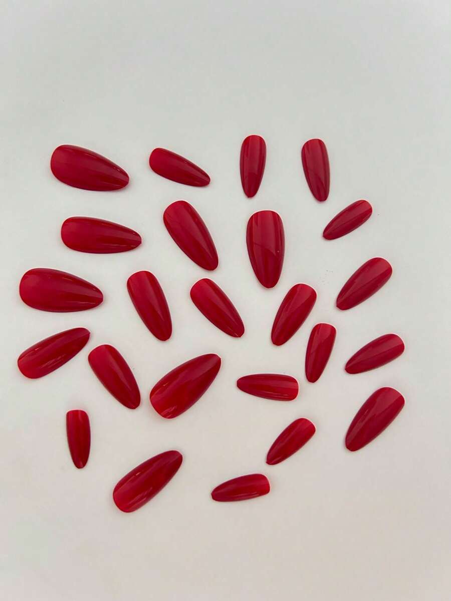 SHEIN أظافر 24 قطعة بشكل لوزي طويل باللون الأحمر مع غراء وملف