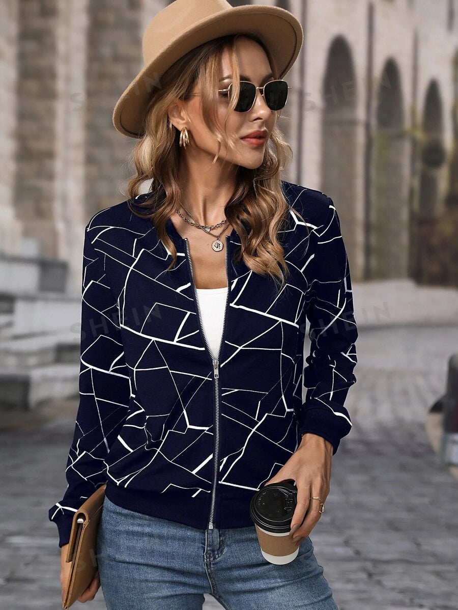SHEIN LUNE جاكيت بومبر طباعة هندسية سستة