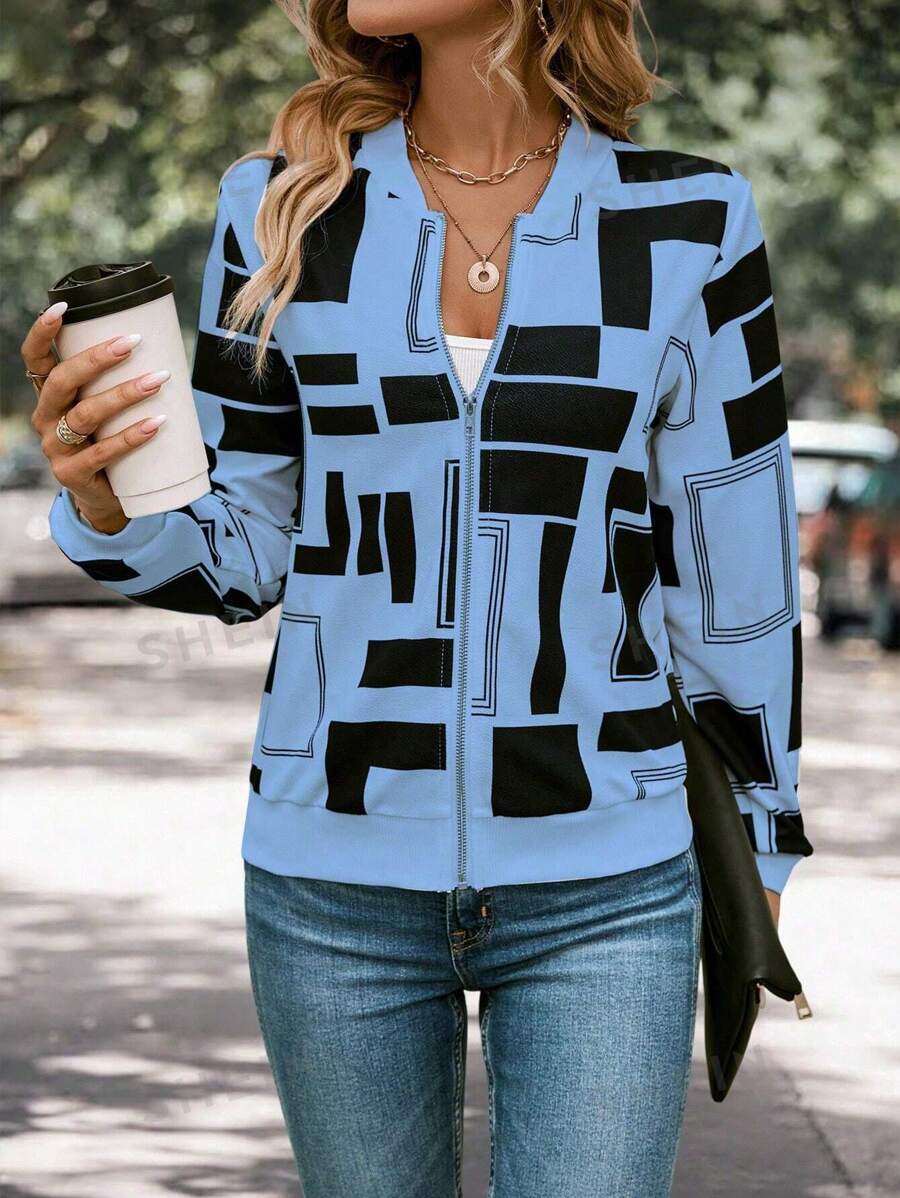SHEIN Clasi جاكيت أنيقة ذات طبعة هندسية متكاملة أكمام طويلة للأسلوب الشارعي الأنيق للنساء
