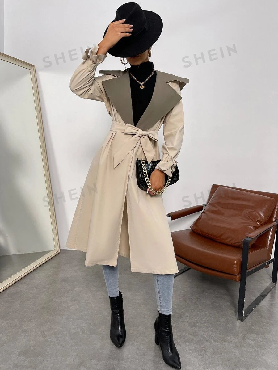 SHEIN Raffinéa معطف مطر بياقة متباينة وكف معقود وحزام