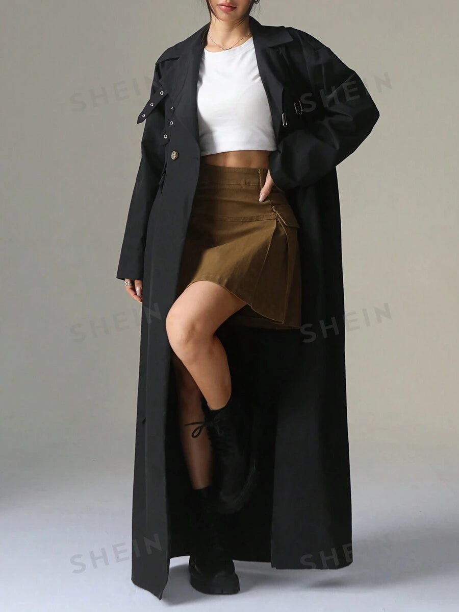 SHEIN EZwear ريشة طويلة إضافية صلبة اللون مزدوجة الصدر أكمام طويلة