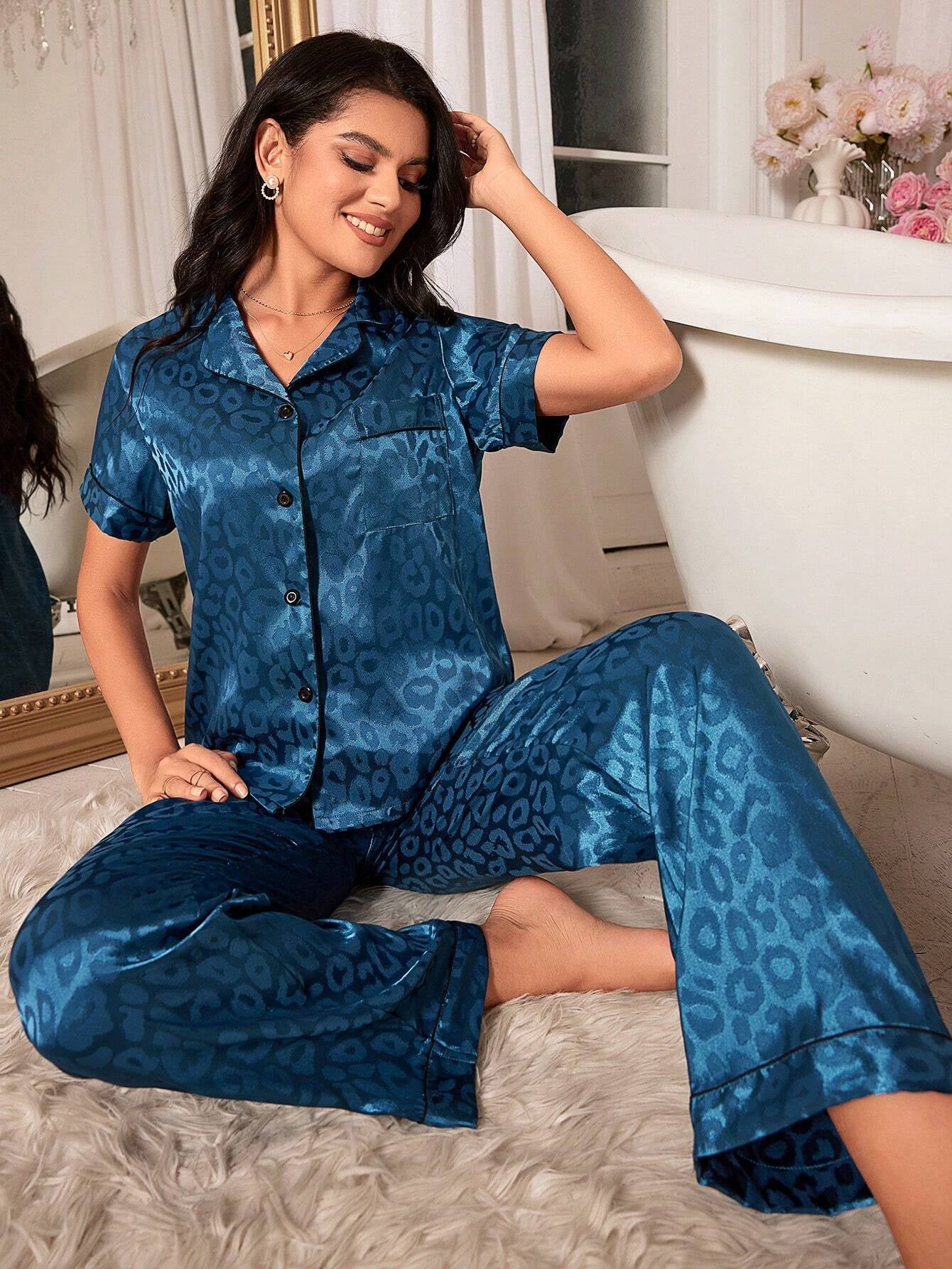 Color Block Leopard Print Jacquard Satin Pyjama Set with Rolled Hem