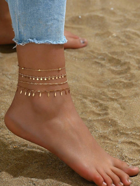 SHEIN سلاسل كاحل ذهبية 4 قطع متعددة الطبقات