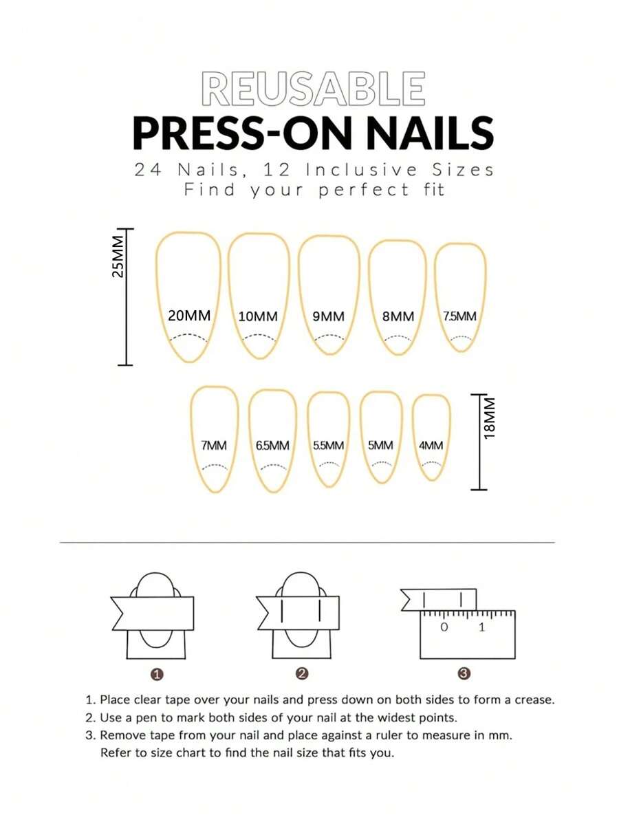 !لا تفوّت ترقية مظهر أظافرك مع طقم الأظافر اللاصقة الجديد. يحتوي الطقم على ٢٤ قطعة لاصقة بتصميم مميّز على شكل دمعة باللون العريض