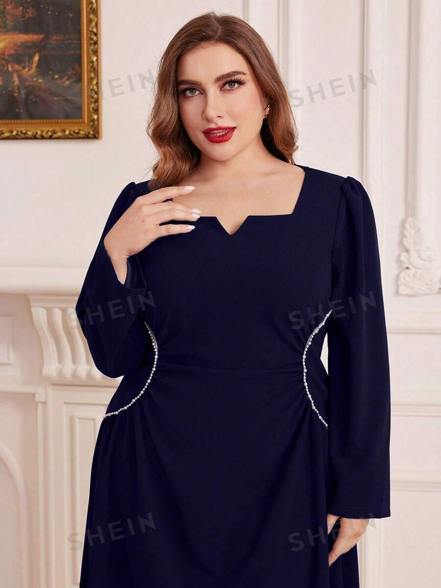 SHEIN Modely فستان مطوي بأكمام طويلة للنساء من الحجم الكبير