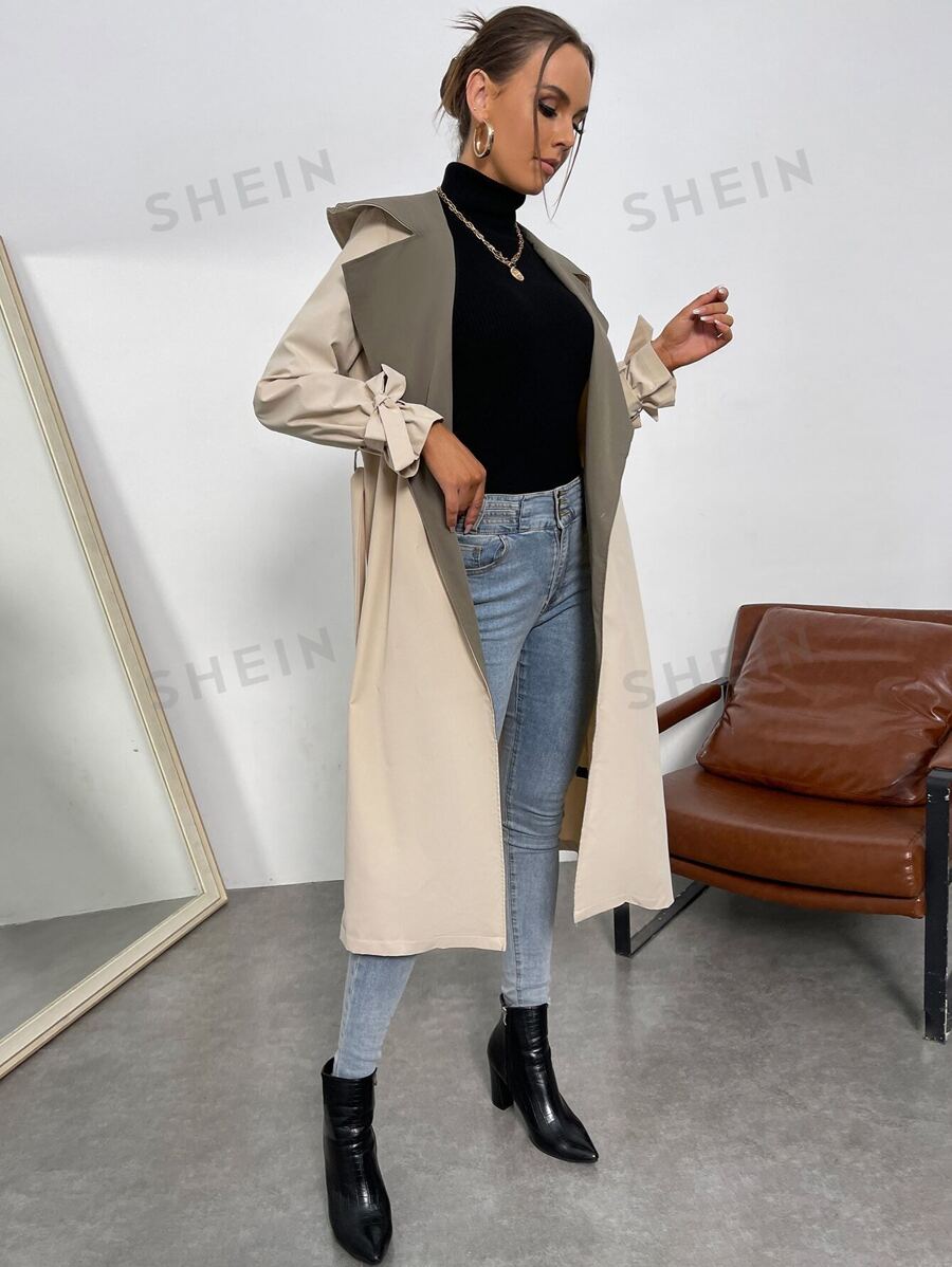 SHEIN Raffinéa معطف مطر بياقة متباينة وكف معقود وحزام