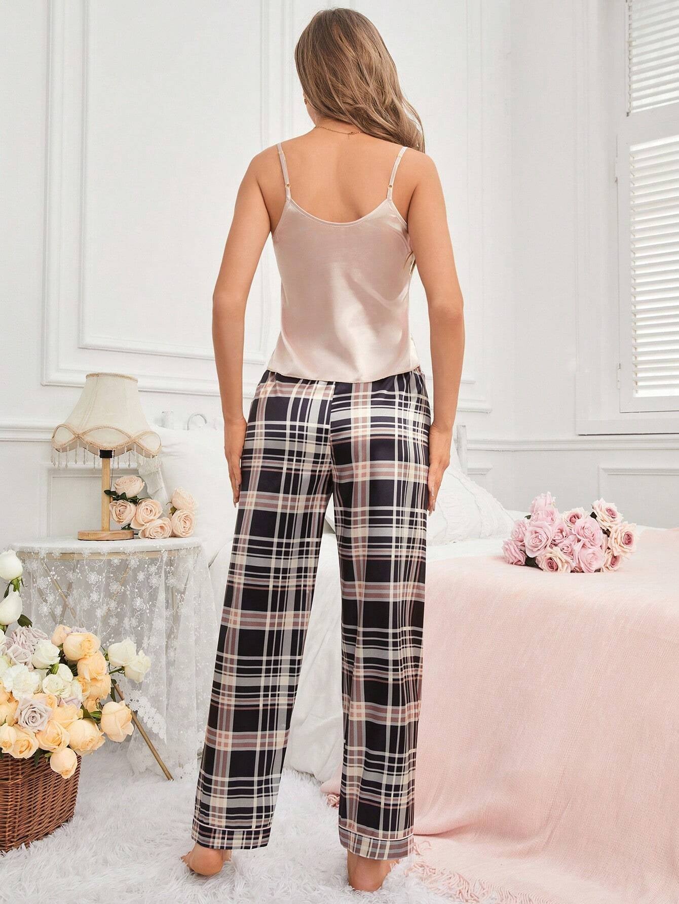 Women'S Plaid & Printed Satin Cami Pajama Set