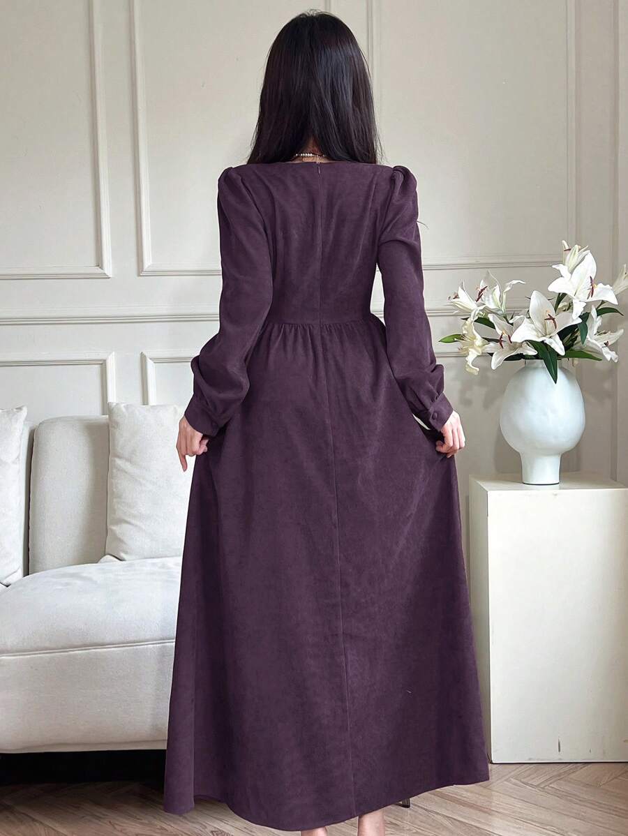 SHEIN Mulvari فستان طويل الأكمام أنيق باللون الناصع، مع أزرار وخصر مفتول، مناسب للخريف