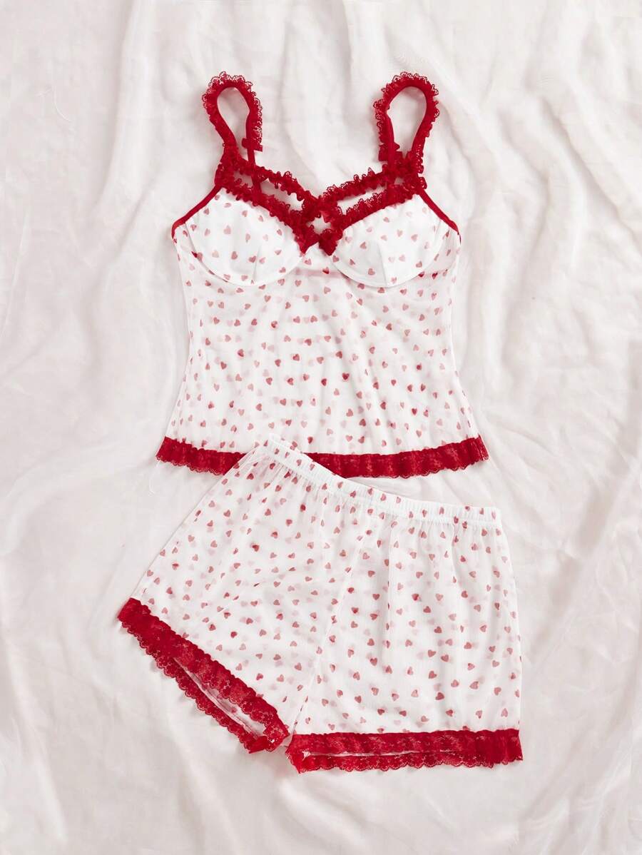 مجموعة بيجاما مطبوعة بالدانتيل والشبكة للنساء