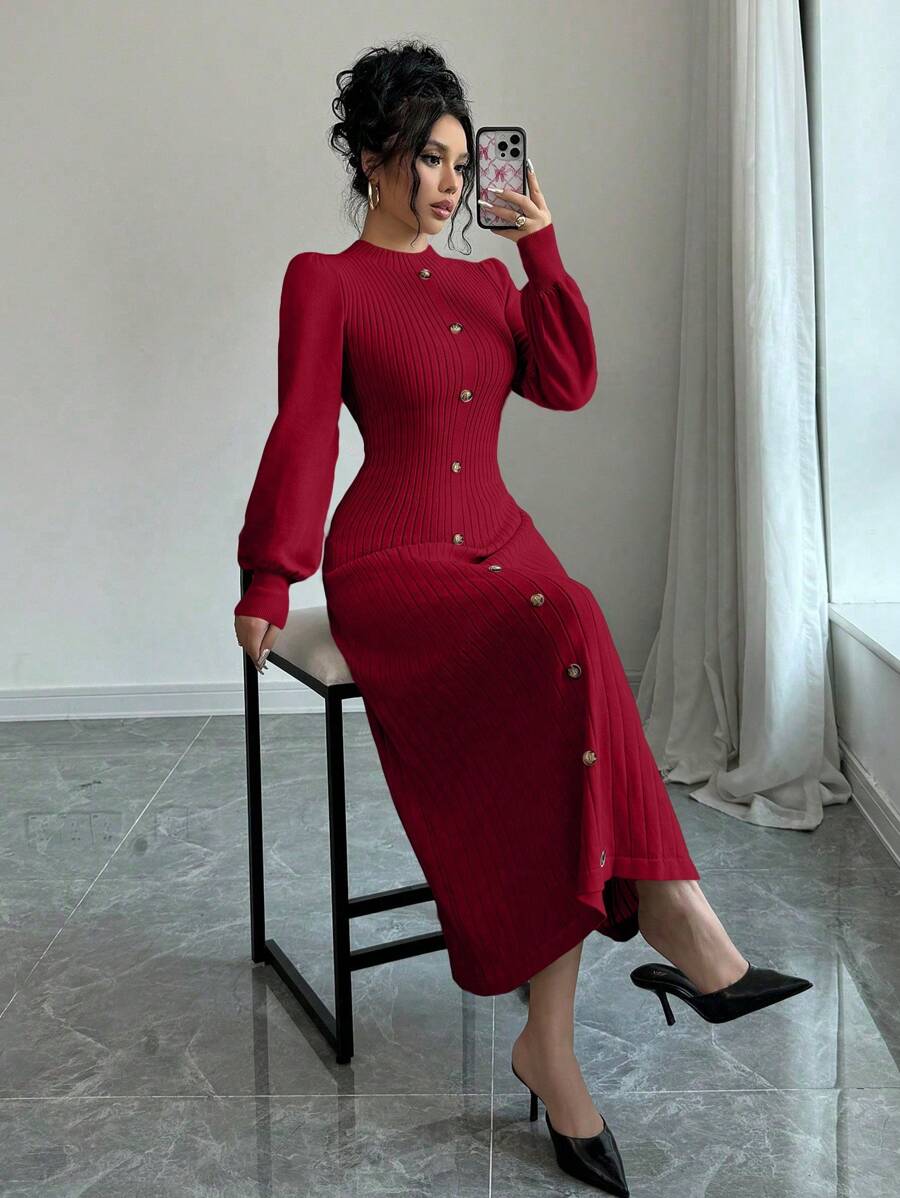 SHEIN Raffinéa فستان كنزة صوفية كاجوال أنيق بأزرار أمامية مخصر الخصر، للخريف والشتاء لملابس السنة الجديدة