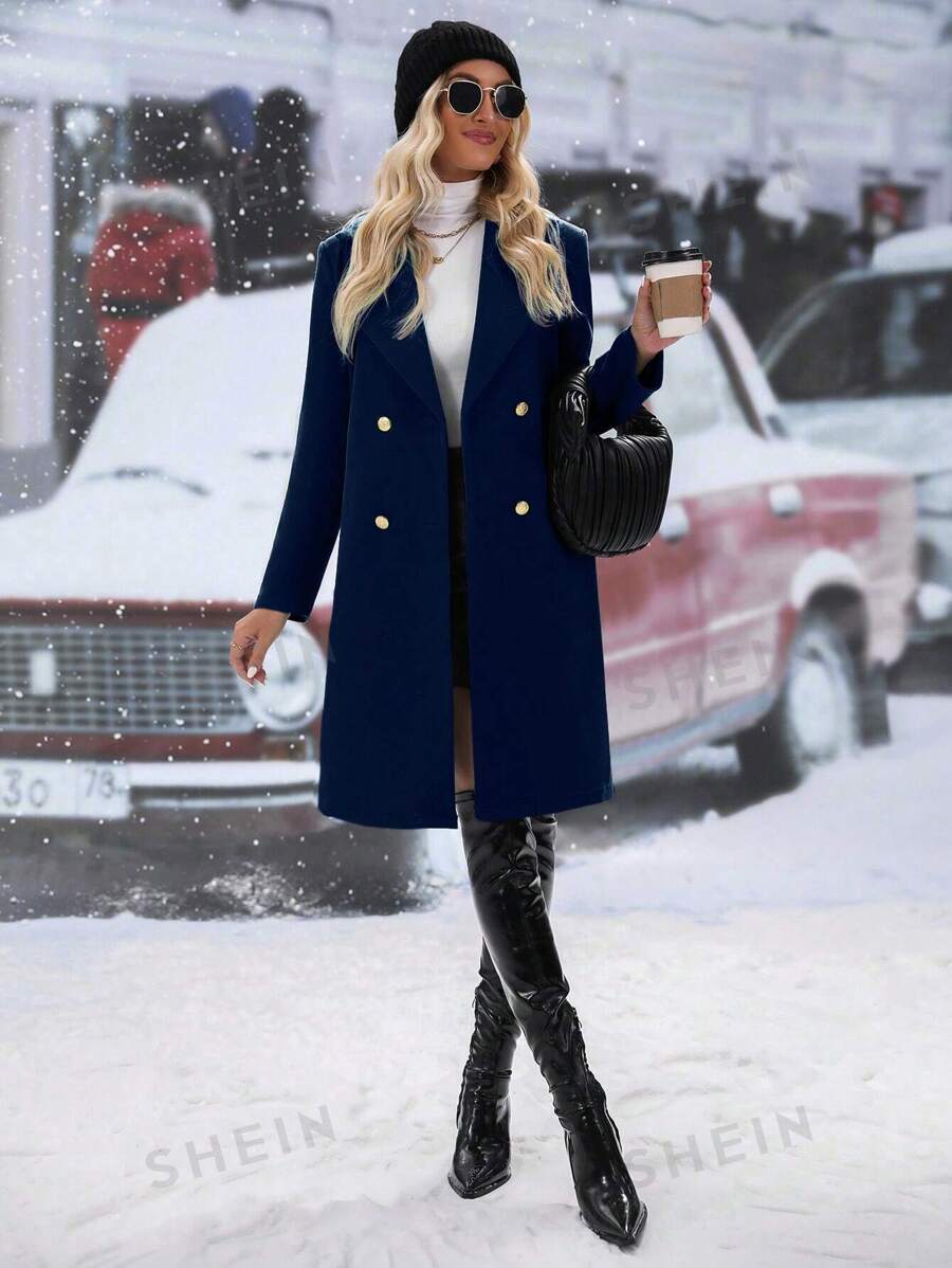 SHEIN Relaxiva معاطف نسائية زر مزدوج الصاف كاجوال أنيقة