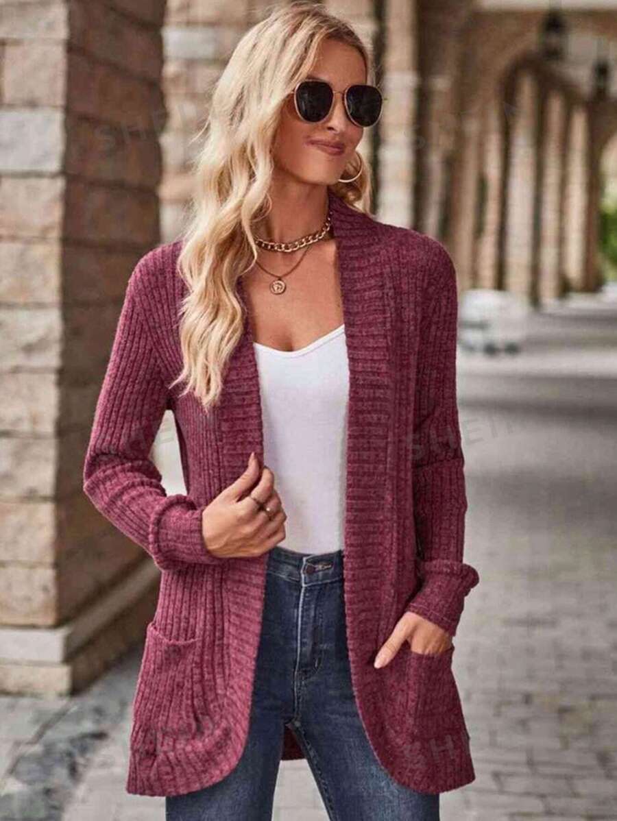 SHEIN Relaxiva سترة نسائية مضلعة طويلة الأكمام مفتوحة من الأمام
