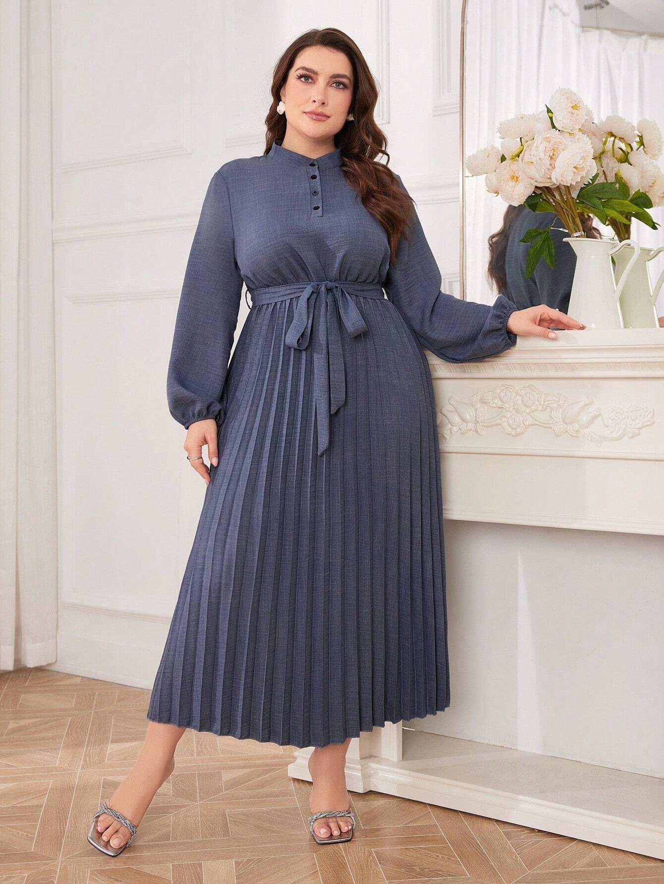 Modely Women'S plus Size Lantern Sleeve Belted Dress