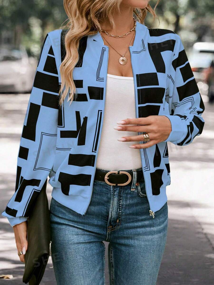 SHEIN Clasi جاكيت أنيقة ذات طبعة هندسية متكاملة أكمام طويلة للأسلوب الشارعي الأنيق للنساء