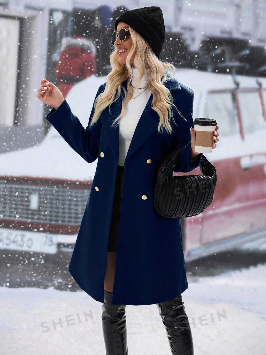 SHEIN Relaxiva معاطف نسائية زر مزدوج الصاف كاجوال أنيقة
