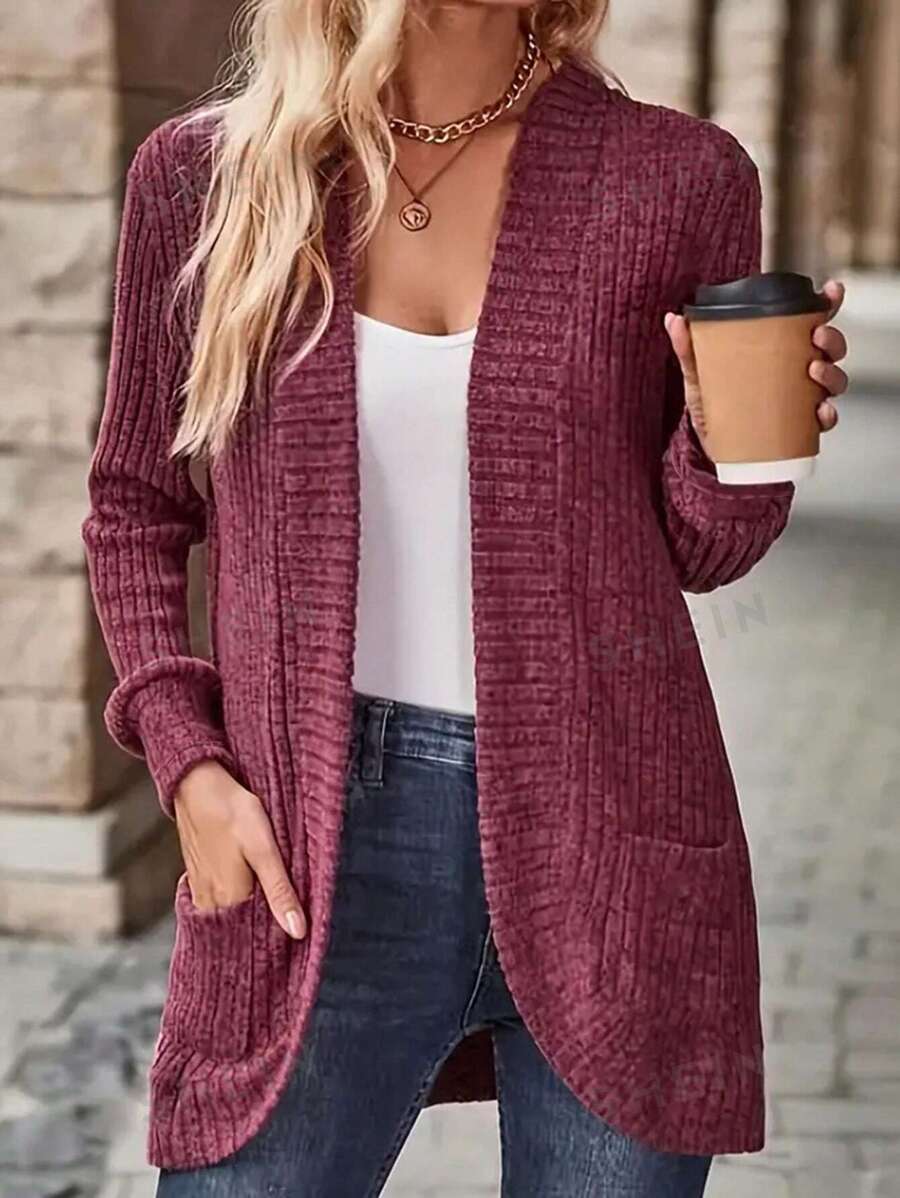 SHEIN Relaxiva سترة نسائية مضلعة طويلة الأكمام مفتوحة من الأمام